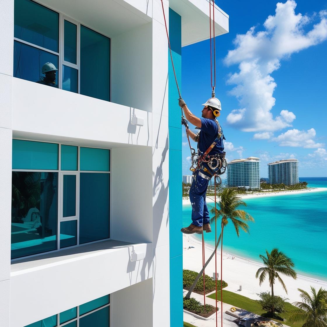 professional commercial painter painting from ropes and harnesses on a high-rise building in south florida